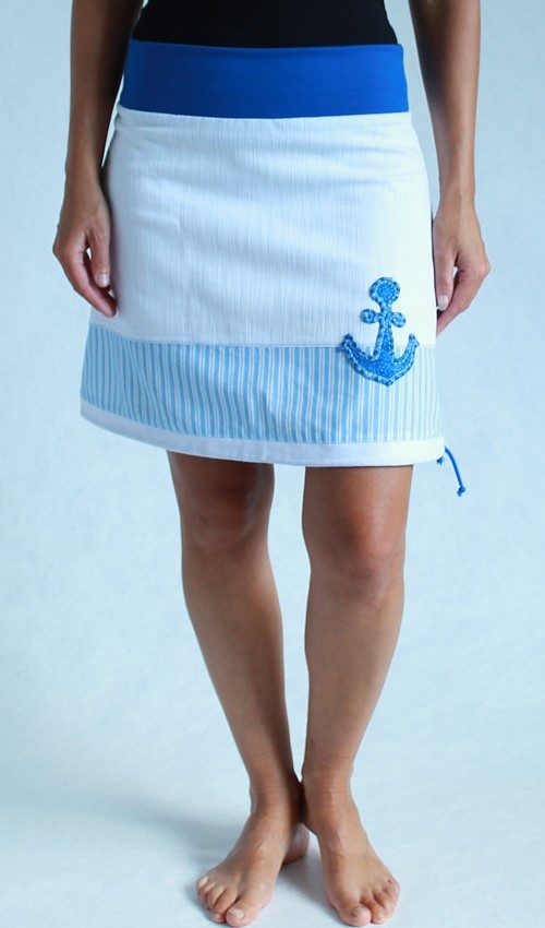 LaJuPe námořnická sukně bílá riflová áčková modrý náplet motiv modrá kotva s kapsou