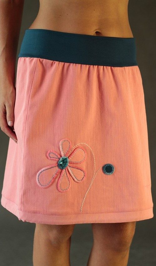 LaJuPe růžová sukně lososová riflová áčková petrol náplet motiv růžová květina s kapsou