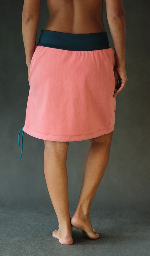 LaJuPe_Sukně_lososová_riflová_áčková_motiv_květina_6_lístků_jednobarevná_Z LaJuPe růžová sukně lososová riflová áčková petrol náplet motiv růžová květina s kapsou