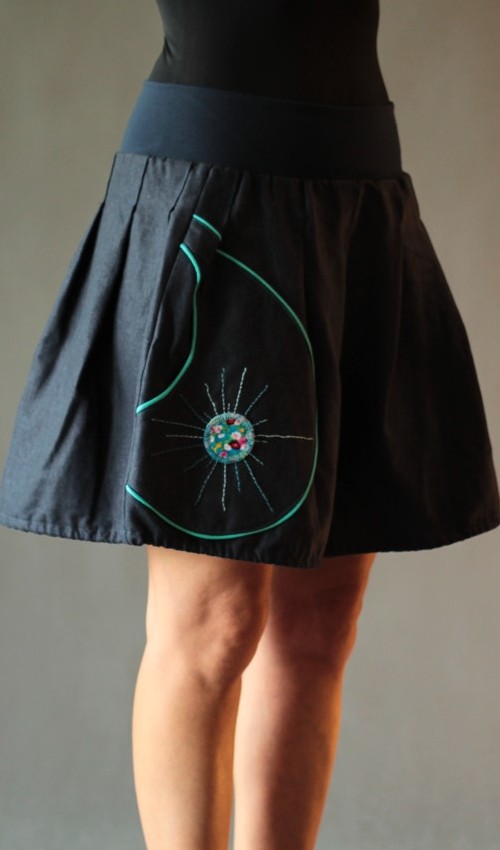 0187_P_detail_len_viskóza_bez_podšívky_tmavě modrá_tyrkys_skládaná_1kapsa_tunýlek_modrá_tyrkysová_sluníčko_paprsky LaJuPe sukně s pružným pasem len_viskóza_bez_podšívky_tmavě modrá_tyrkys_skládaná_1kapsa_tunýlek_modrá_tyrkysová_sluníčko_paprsky