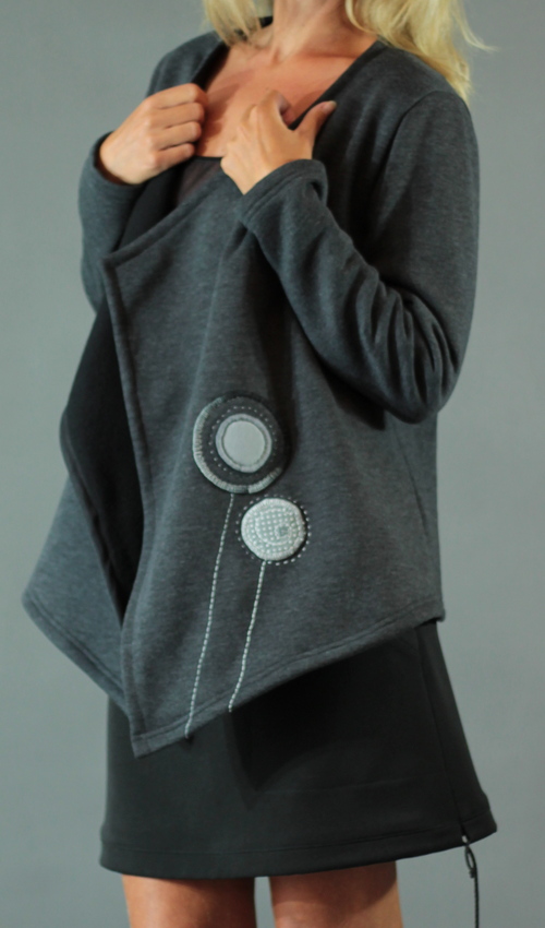 LaJuPe lehký kardigan bavlna__bez_podšívky_antracit_šedá_áčkový_bez_kapes_šedo antracit_kolečko_dvě kolečka