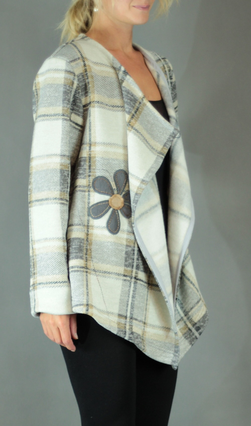 LaJuPe kardigan s rukávy viskóza__bez_podšívky_hnědá_krémová_áčkový_bez_kapes_šedá_kytka_kytka