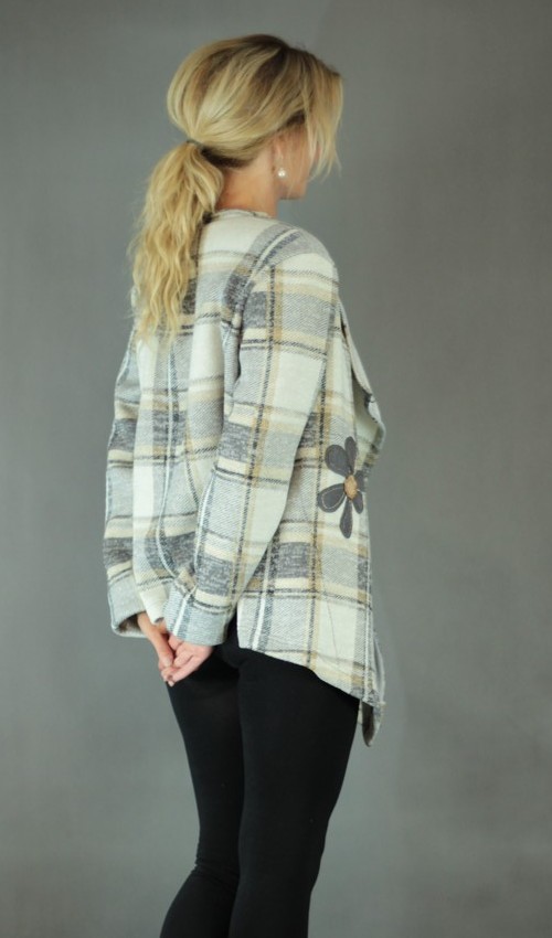 LaJuPe kardigan s rukávy viskóza__bez_podšívky_hnědá_krémová_áčkový_bez_kapes_šedá_kytka_kytka