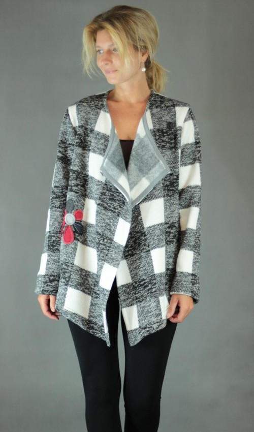 026_LaJuPe dámský pletený kardigan viskóza__bez_podšívky_černá_bílá_áčkový_bez_kapes_šedočervená_kytka_květ LaJuPe dámský pletený kardigan viskóza__bez_podšívky_černá_bílá_áčkový_bez_kapes_šedočervená_kytka_květ