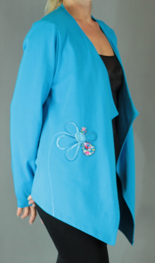 LaJuPe kardigan modrý bavlna bez_podšívky_azurová_pestrá_áčkový_bez_kapes_azurovopestrá_kytka_květ