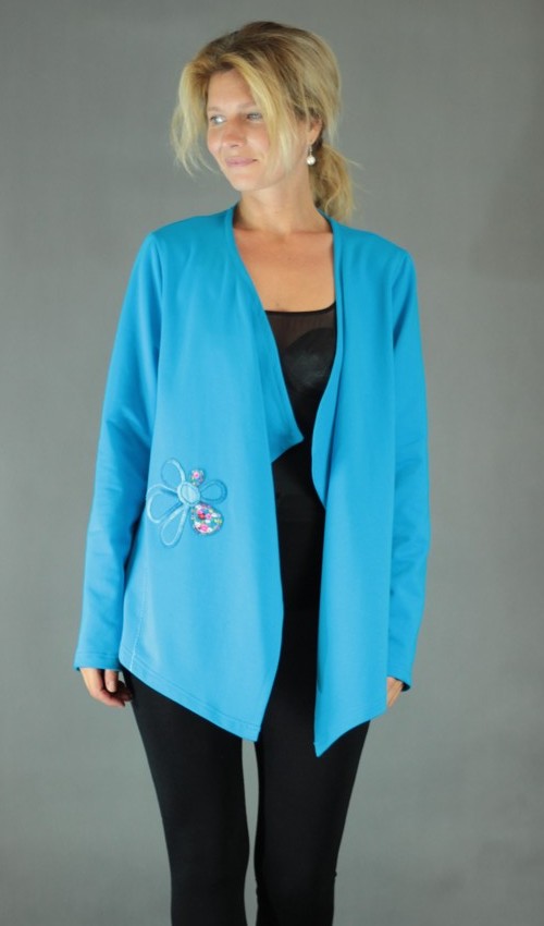 LaJuPe kardigan modrý bavlna bez_podšívky_azurová_pestrá_áčkový_bez_kapes_azurovopestrá_kytka_květ