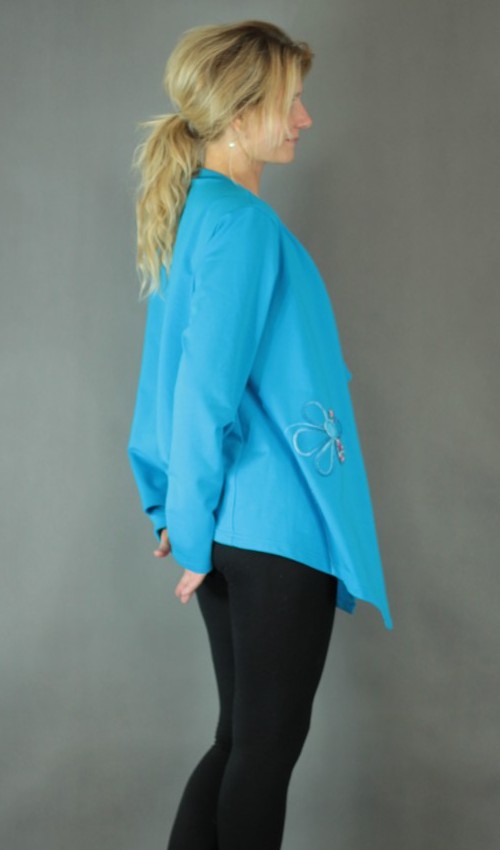 LaJuPe kardigan modrý bavlna bez_podšívky_azurová_pestrá_áčkový_bez_kapes_azurovopestrá_kytka_květ