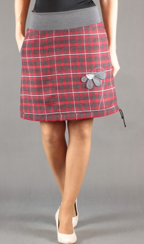 LaJuPe sukně na zimu polyester_viskóza_s_podšívkou_červená_antracit_áčková_1kapsa_tunýlek_šedá_šedá_kytka_půlkvět